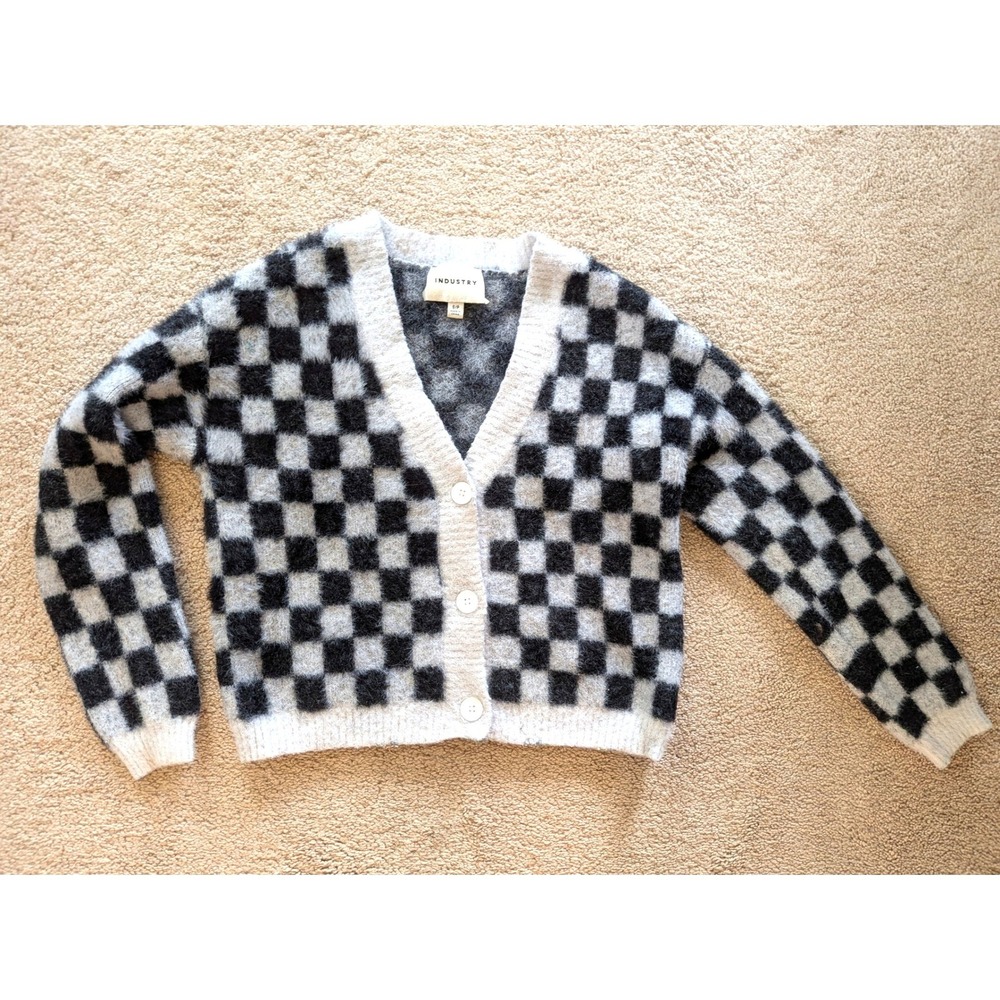 Industry Black Gray Checkered Fuzzy Knit Cardigan Sweater Small